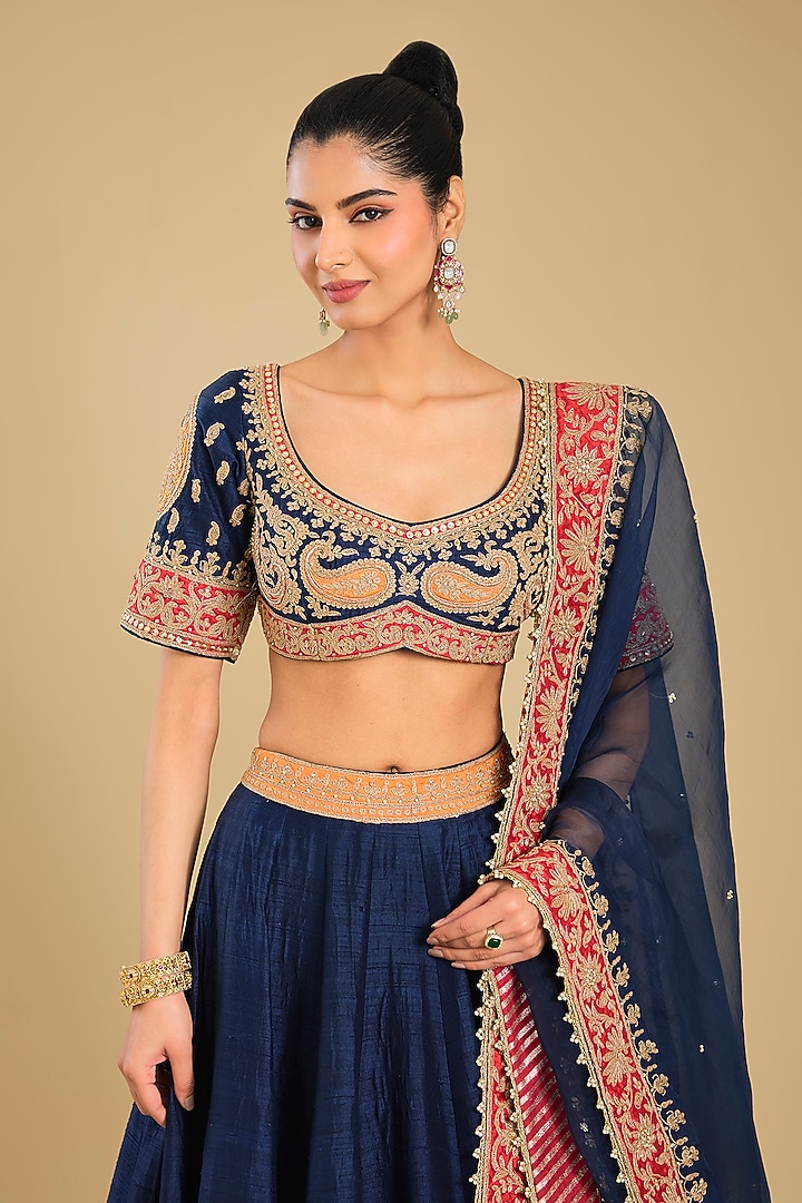 Deep Blue Pure Raw Silk Dori Embroidered Bridal Lehenga Set by Sheetal Batra at Pernia's Pop Up Shop