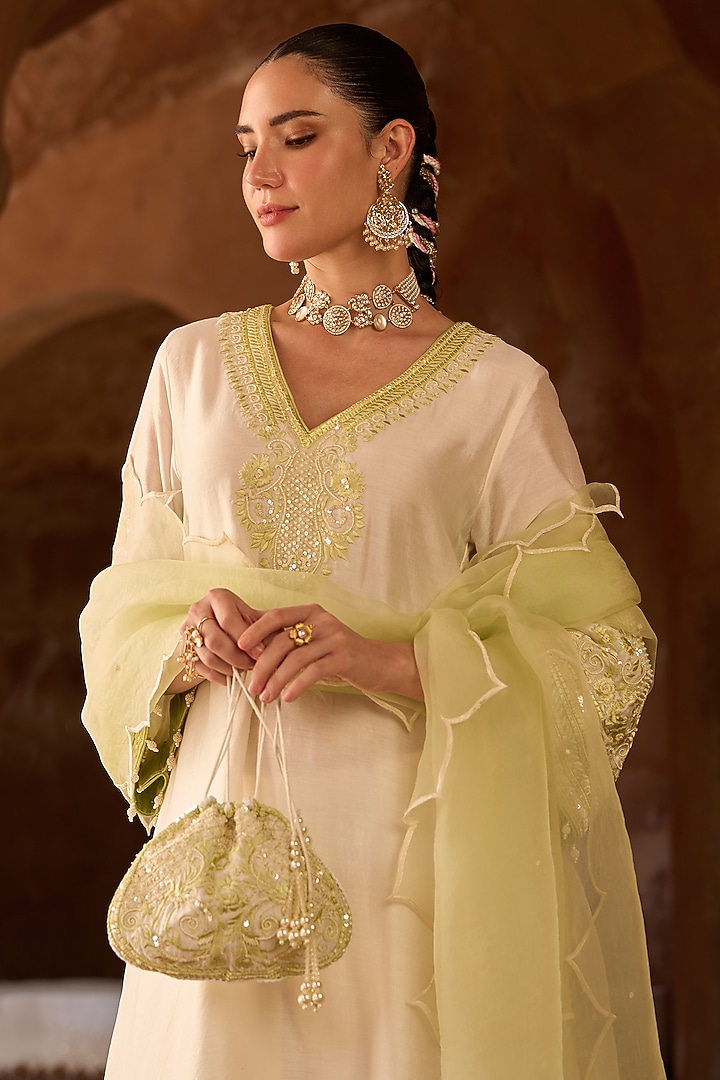 Daisy Ivory Silk Chanderi Sequins Embroidered Kaftan Set by Sheetal Batra at Pernia's Pop Up Shop