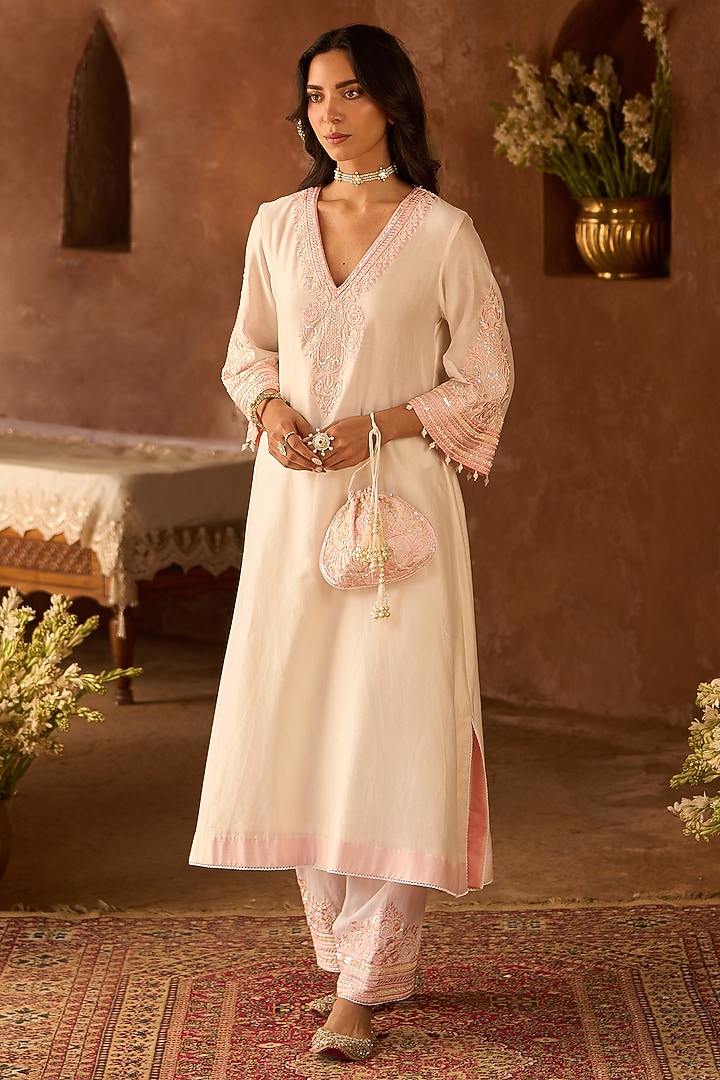 Daisy Ivory Silk Chanderi Sequins Embroidered Kaftan Set by Sheetal Batra at Pernia's Pop Up Shop