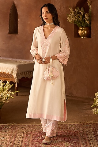 Daisy Ivory Silk Chanderi Sequins Embroidered Kaftan Set by Sheetal Batra