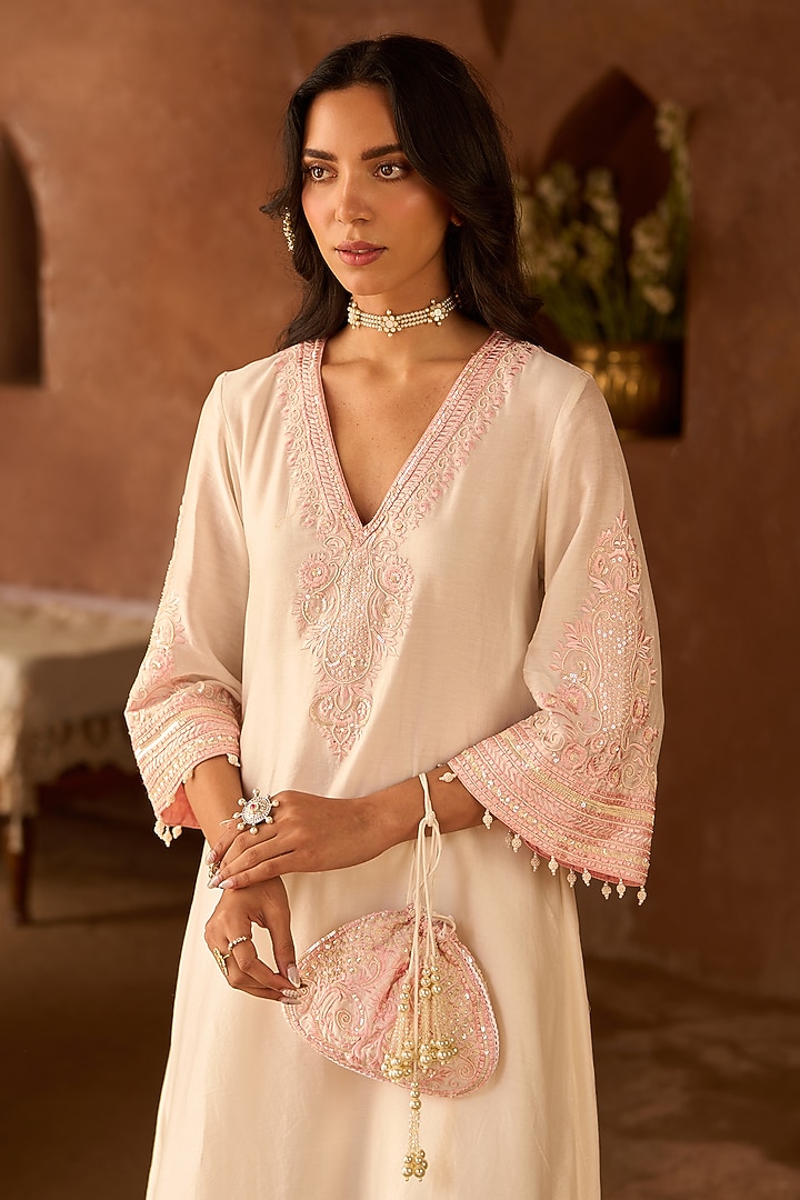 Daisy Ivory Silk Chanderi Sequins Embroidered Kaftan Set by Sheetal Batra at Pernia's Pop Up Shop