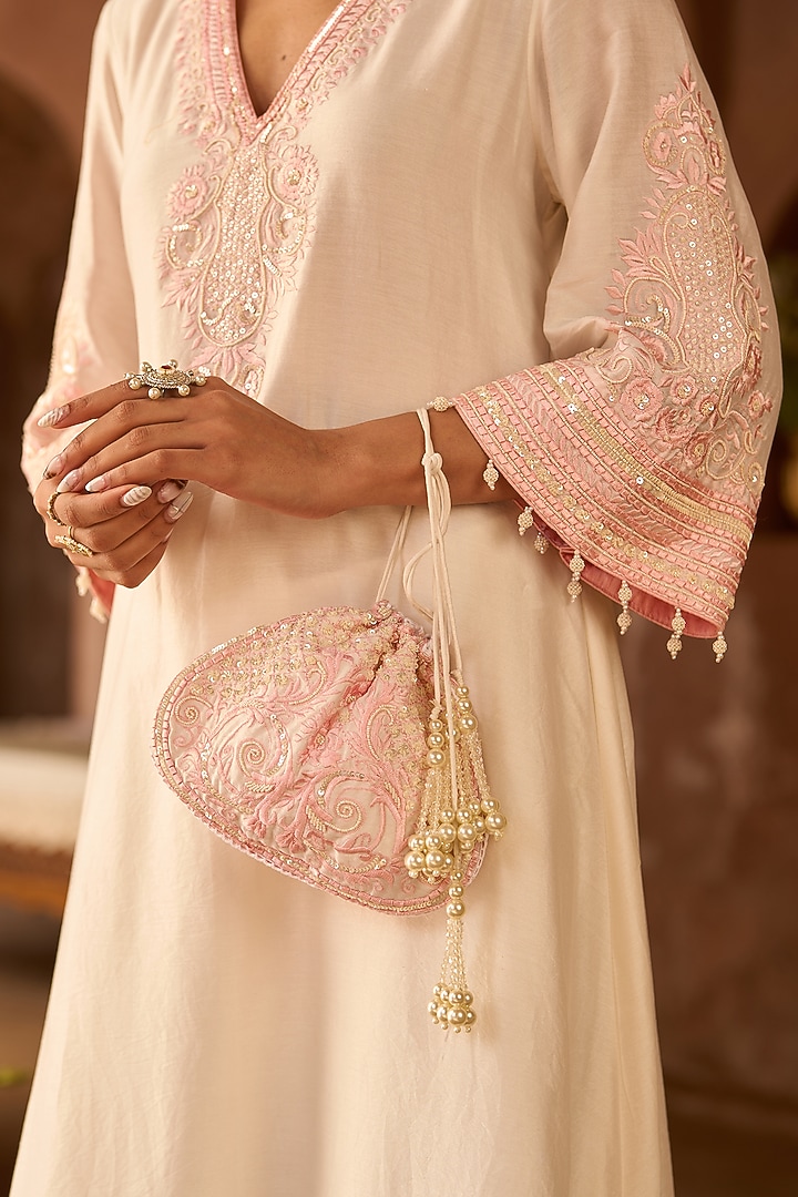 Daisy Ivory Silk Chanderi Sequins Embroidered Kaftan Set by Sheetal Batra at Pernia's Pop Up Shop