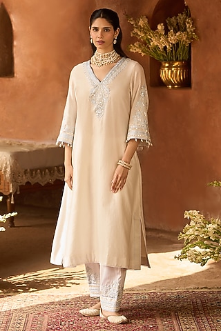Daisy Ivory Silk Chanderi Sequins Embroidered Kaftan Set by Sheetal Batra