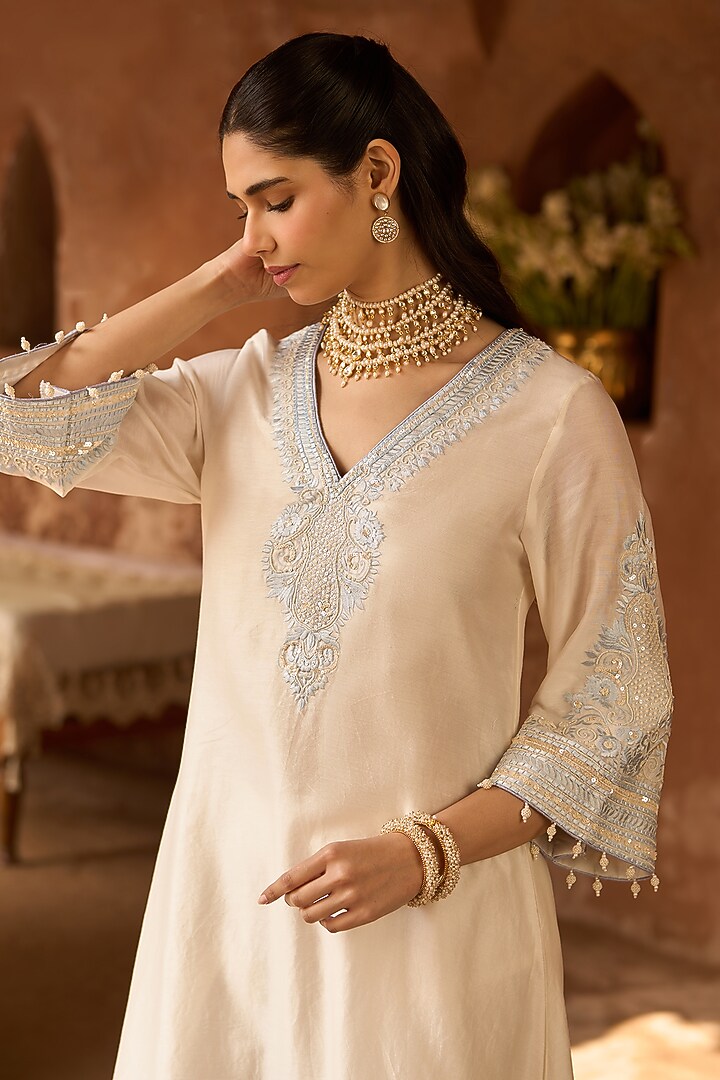 Daisy Ivory Silk Chanderi Sequins Embroidered Kaftan Set by Sheetal Batra at Pernia's Pop Up Shop