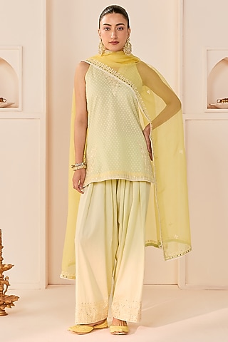 Mint Green Chanderi Silk Brasso Aari Work Short Kurta Set by Sheetal Batra