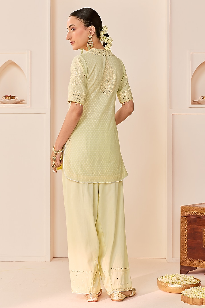 Mint Green Chanderi Silk Brasso Aari Embroidered Short Kurta Set by Sheetal Batra at Pernia's Pop Up Shop