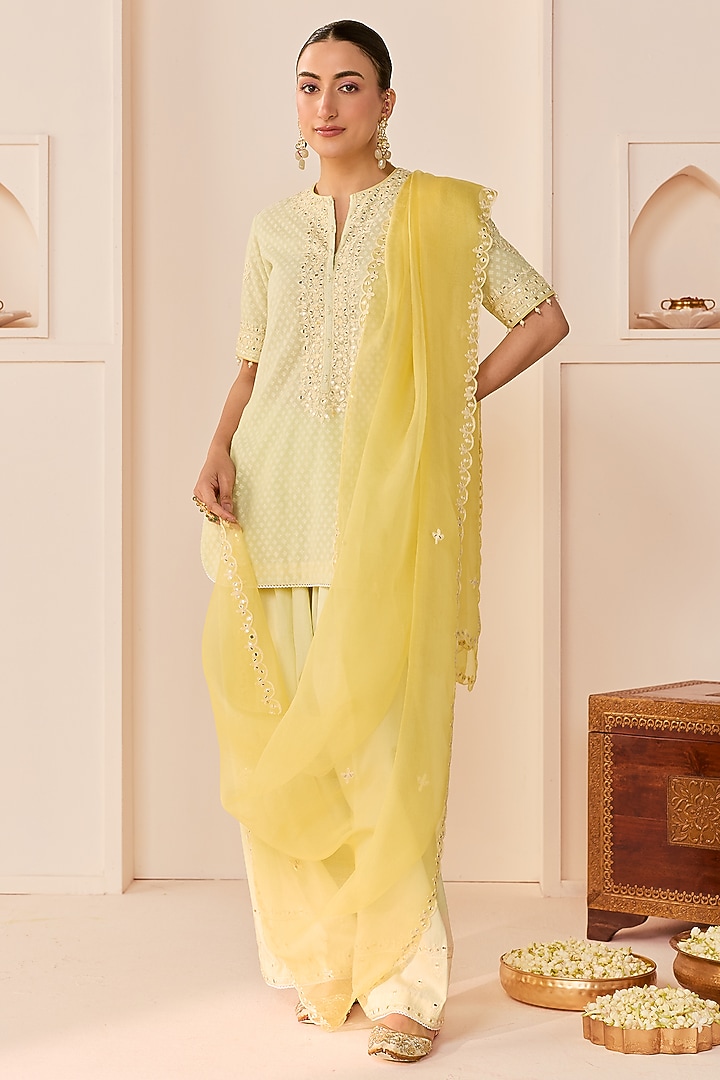 Mint Green Chanderi Silk Brasso Aari Embroidered Short Kurta Set by Sheetal Batra at Pernia's Pop Up Shop