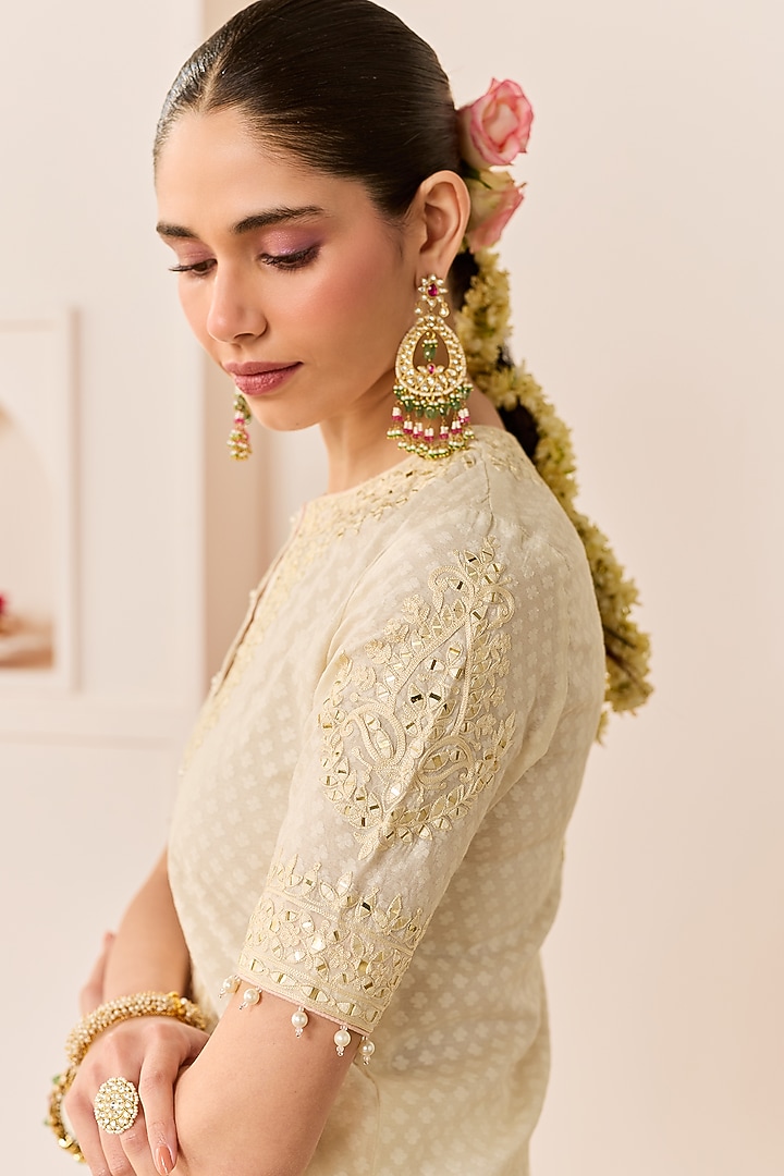 Daisy Ivory Chanderi Silk Brasso Aari Embroidered Short Kurta Set by Sheetal Batra at Pernia's Pop Up Shop
