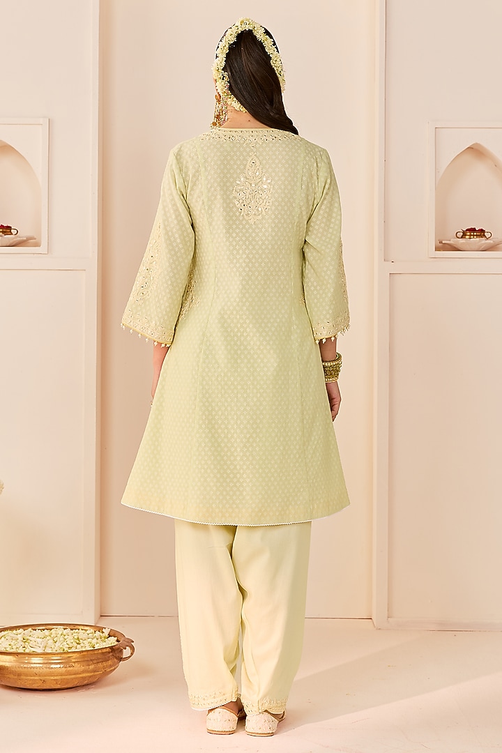Mint Green Chanderi Silk Brasso Aari Embroidered Short Kurta Set by Sheetal Batra at Pernia's Pop Up Shop