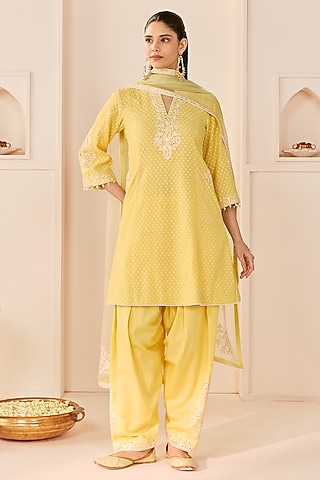 Lemon Yellow Chanderi Silk Brasso Aari Embroidered Short Kurta Set by Sheetal Batra