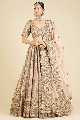 Gold Raw Silk Embroidered Lehenga Set by Sheetal Batra