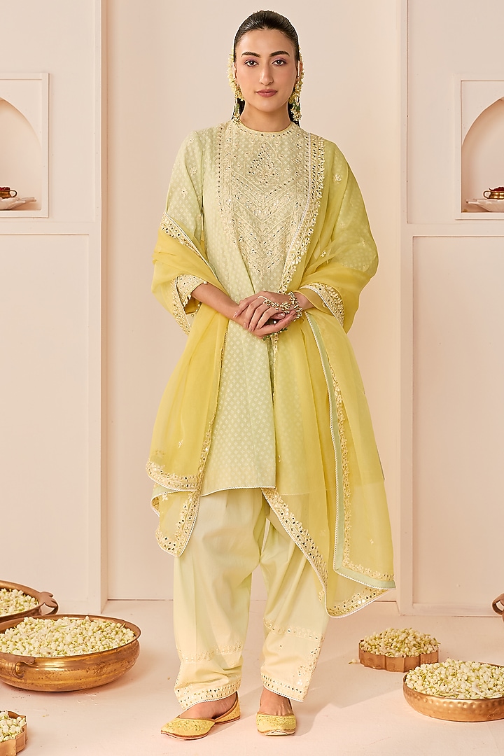 Mint Green Chanderi Silk Brasso Mirror Embroidered Kurta Set by Sheetal Batra at Pernia's Pop Up Shop