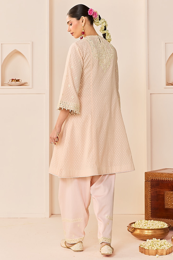 Carnation Pink Chanderi Silk Brasso Mirror Embroidered Kurta Set by Sheetal Batra at Pernia's Pop Up Shop