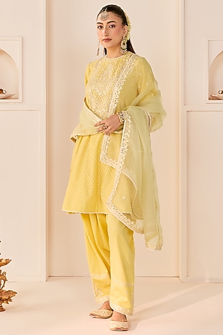 Lemon Yellow Chanderi Silk Brasso Mirror Embroidered Kurta Set by Sheetal Batra