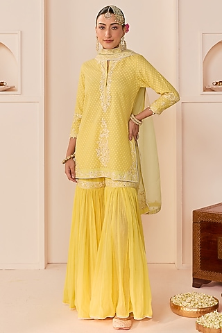 Lemon Yellow Pure Cotton Gharara Set by Sheetal Batra