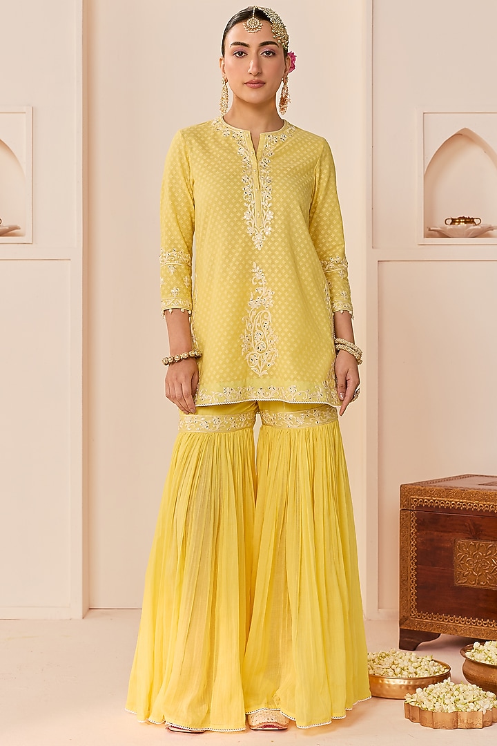 Lemon Yellow Pure Cotton Gharara Set by Sheetal Batra at Pernia's Pop Up Shop