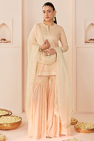 Carnation Pink Pure Cotton Gharara Set by Sheetal Batra