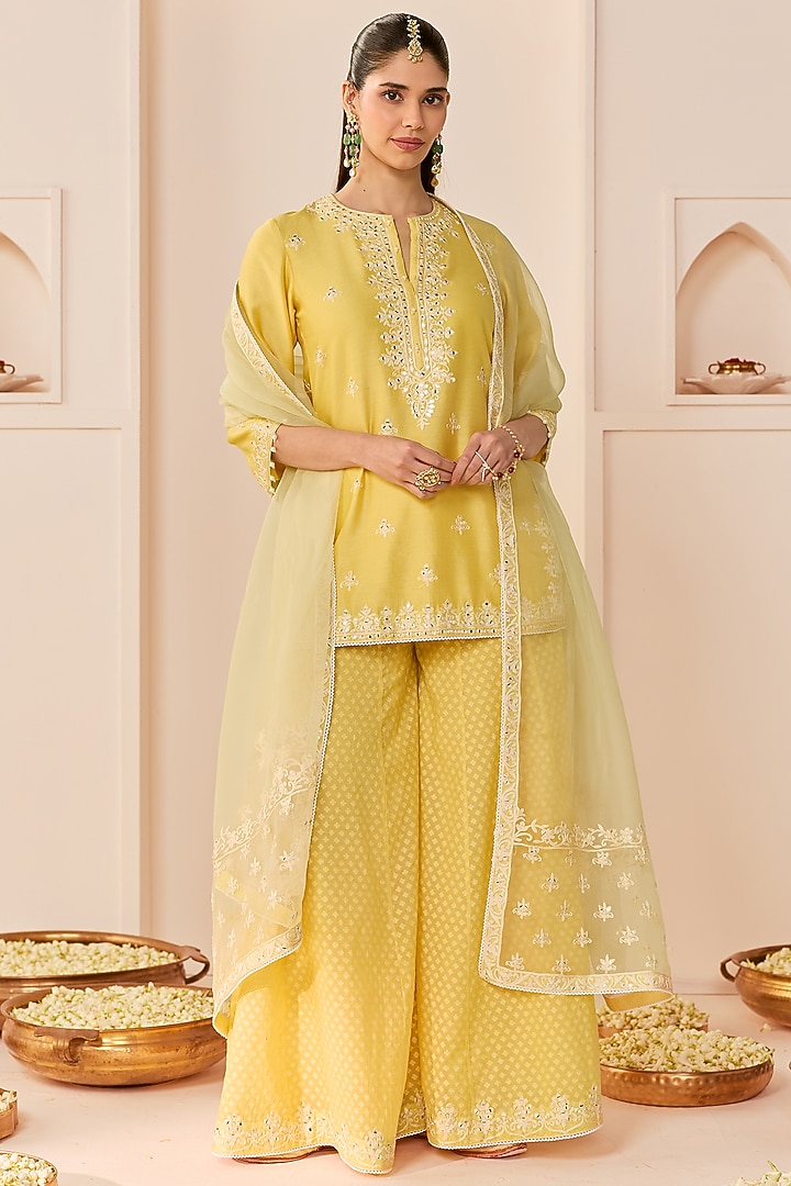 Lemon Yellow Chanderi Silk Brasso Wedding Sharara Set by Sheetal Batra at Pernia's Pop Up Shop
