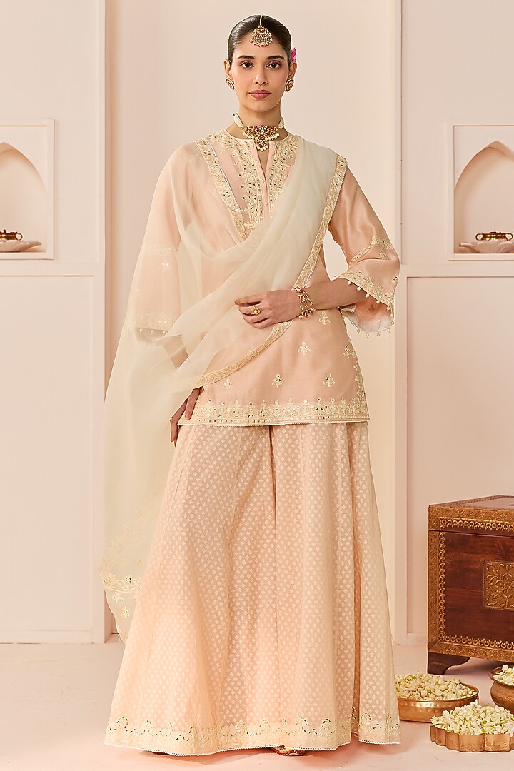 Carnation Pink Chanderi Silk Brasso Wedding Sharara Set by Sheetal Batra at Pernia's Pop Up Shop
