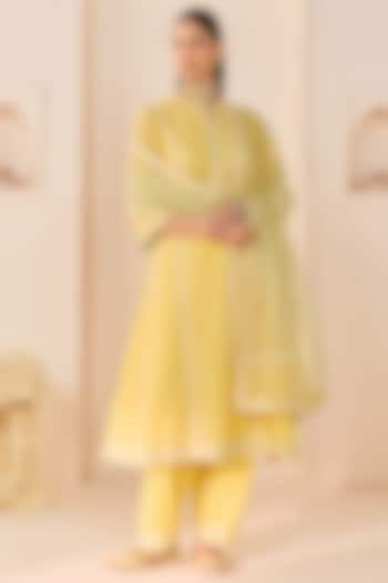 Lemon Yellow Chanderi Silk Brasso Choga Kurta Set by Sheetal Batra at Pernia's Pop Up Shop