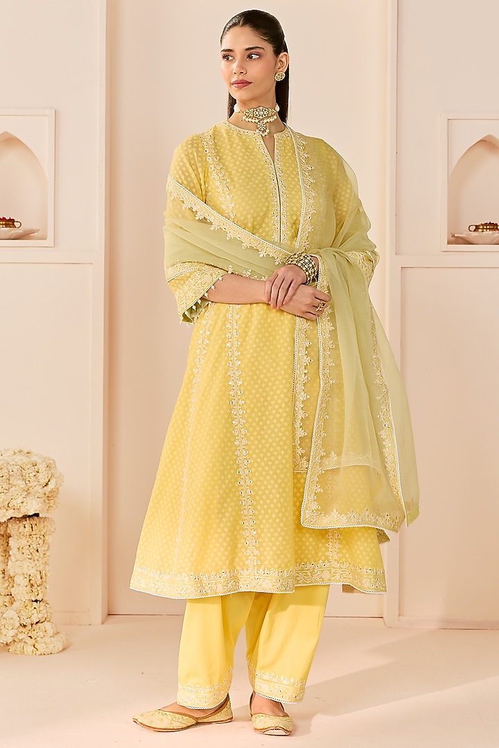Lemon Yellow Chanderi Silk Brasso Choga Kurta Set by Sheetal Batra at Pernia's Pop Up Shop
