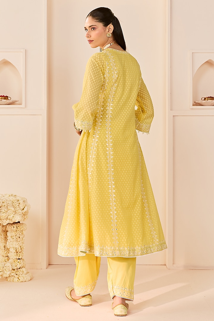 Lemon Yellow Chanderi Silk Brasso Choga Kurta Set by Sheetal Batra at Pernia's Pop Up Shop