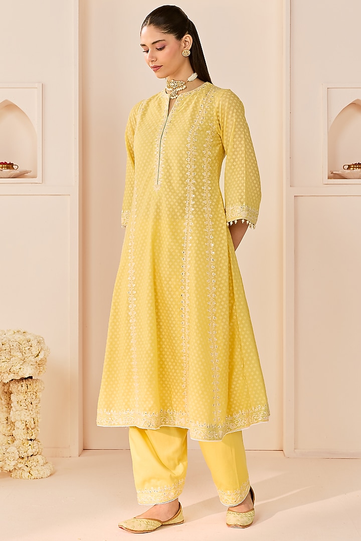 Lemon Yellow Chanderi Silk Brasso Choga Kurta Set by Sheetal Batra at Pernia's Pop Up Shop