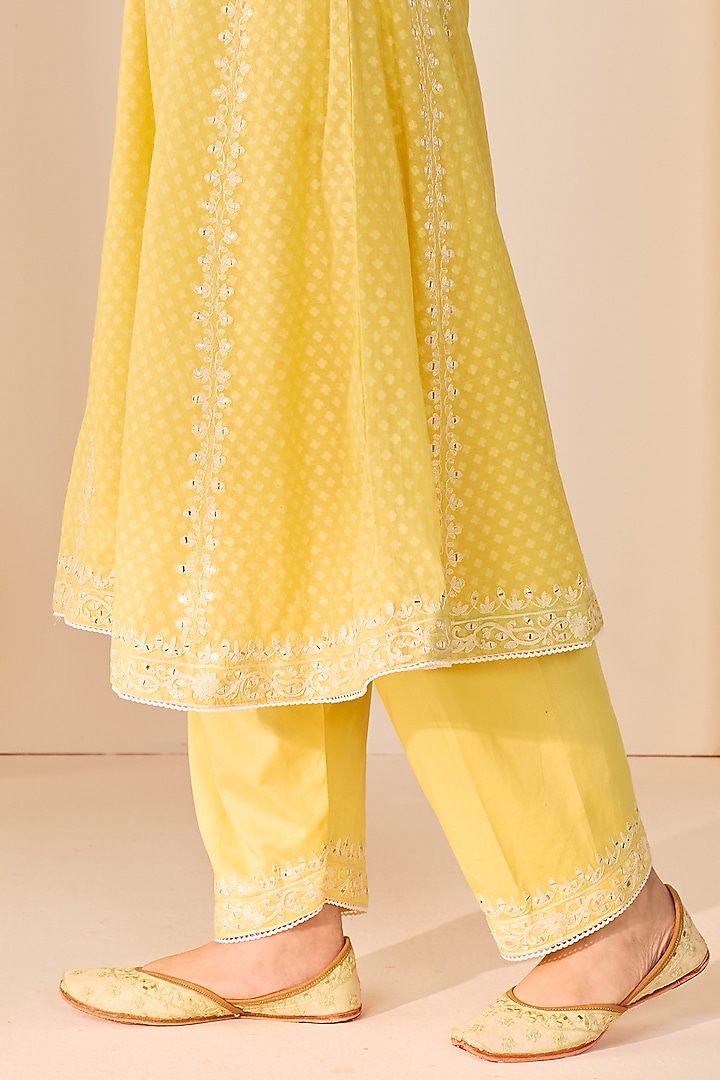 Lemon Yellow Chanderi Silk Brasso Choga Kurta Set by Sheetal Batra at Pernia's Pop Up Shop