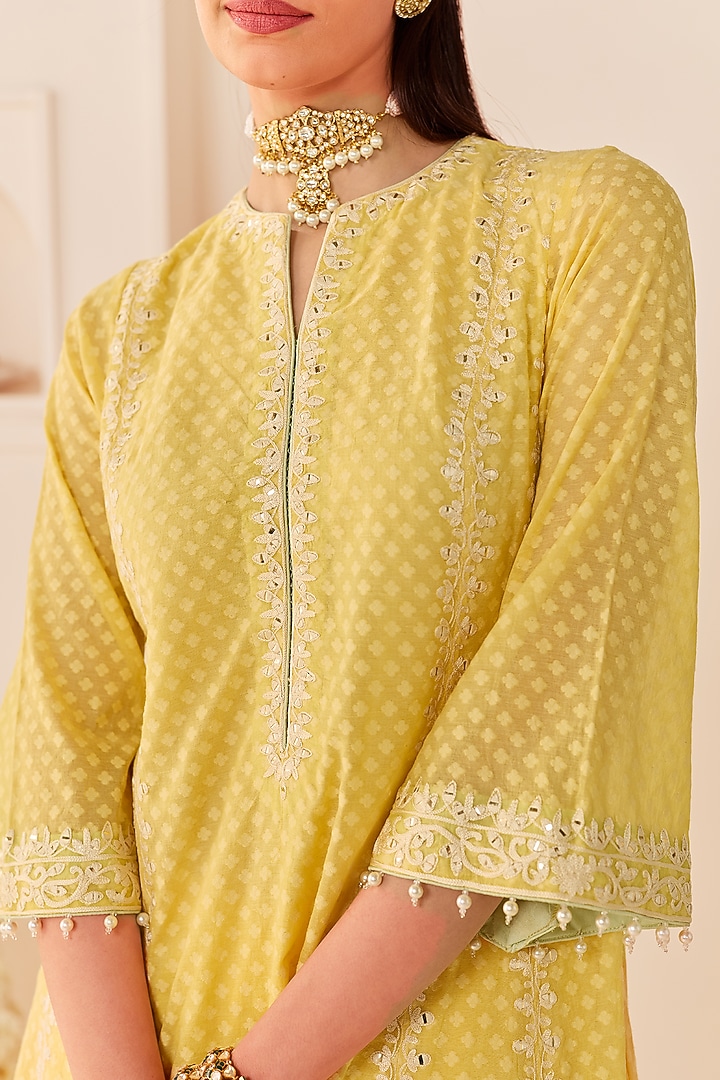 Lemon Yellow Chanderi Silk Brasso Choga Kurta Set by Sheetal Batra at Pernia's Pop Up Shop