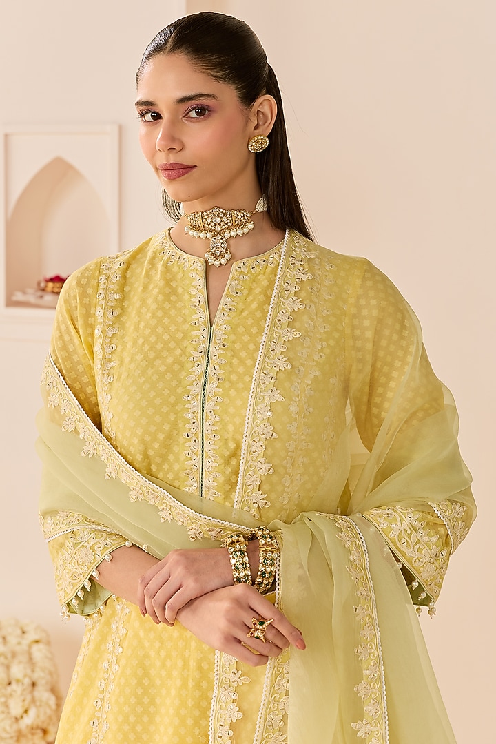 Lemon Yellow Chanderi Silk Brasso Choga Kurta Set by Sheetal Batra at Pernia's Pop Up Shop