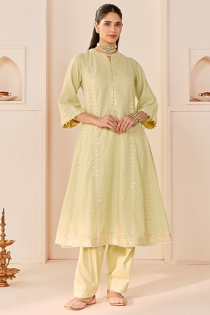 Mint Green Chanderi Silk Brasso Choga Kurta Set by Sheetal Batra at Pernia's Pop Up Shop