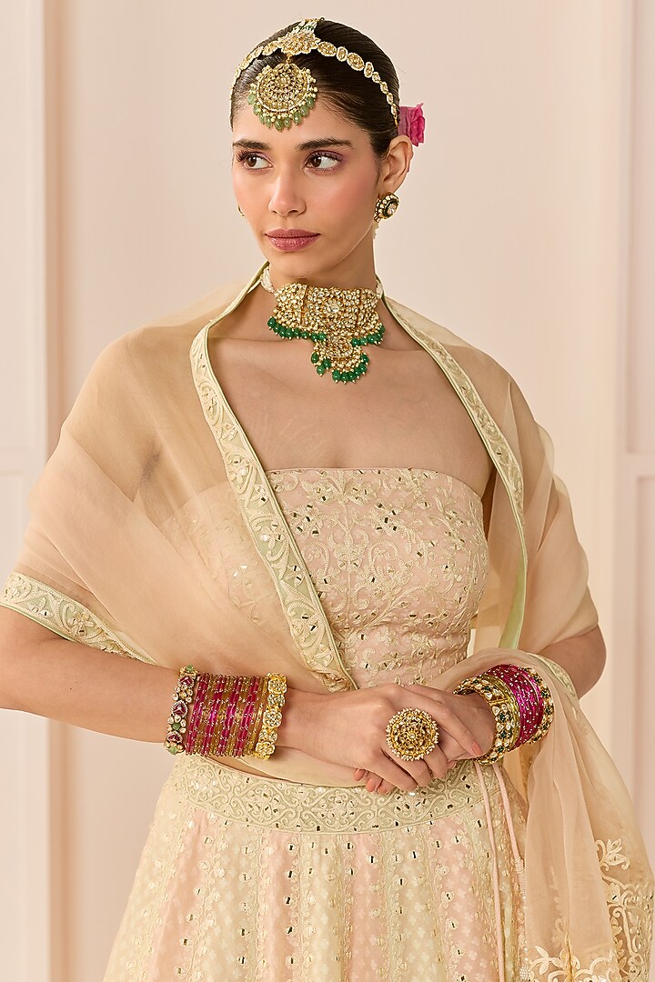 Carnation Pink Chanderi Silk Brasso Wedding Lehenga Set by Sheetal Batra at Pernia's Pop Up Shop
