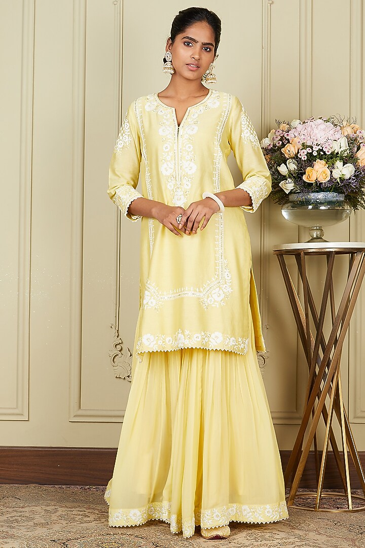 Lemon Yellow Georgette Gharara Set by Sheetal Batra at Pernia's Pop Up Shop