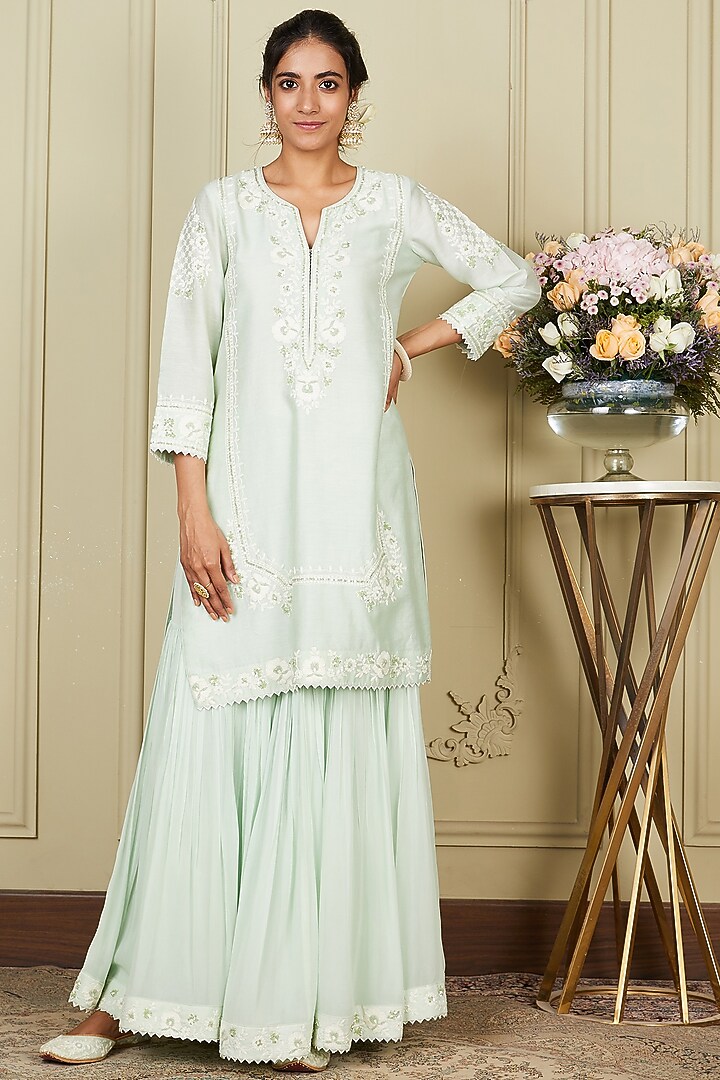 Frosty Green Georgette Gharara Set by Sheetal Batra at Pernia's Pop Up Shop