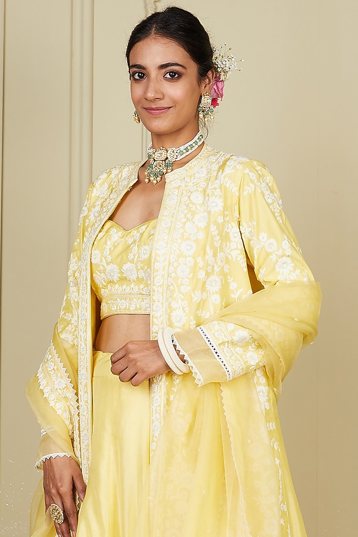 Lemon Yellow Pure Habutai Dori Embroidered Jacket Wedding Lehenga Set by Sheetal Batra at Pernia's Pop Up Shop