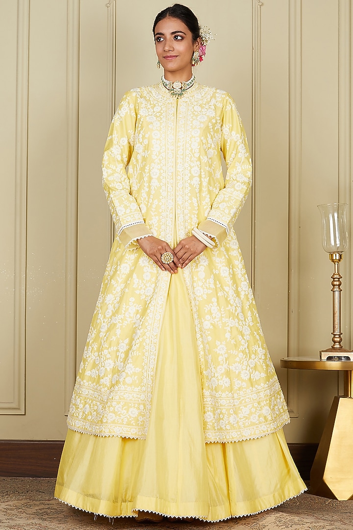 Lemon Yellow Pure Habutai Dori Embroidered Jacket Wedding Lehenga Set by Sheetal Batra at Pernia's Pop Up Shop