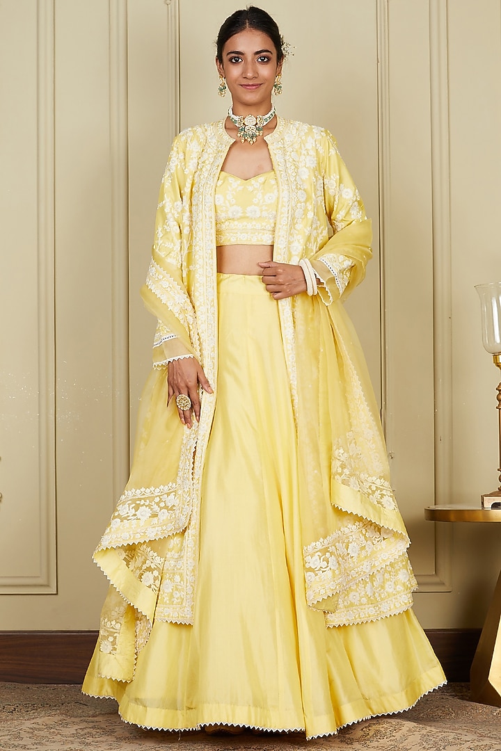 Lemon Yellow Pure Habutai Dori Embroidered Jacket Wedding Lehenga Set by Sheetal Batra at Pernia's Pop Up Shop