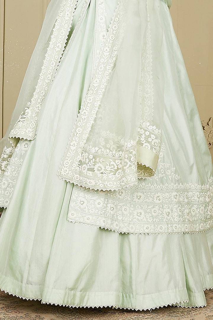 Frosty Green Pure Habutai Dori Embroidered Jacket Wedding Lehenga Set by Sheetal Batra at Pernia's Pop Up Shop
