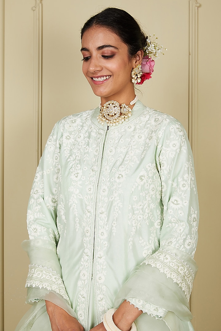 Frosty Green Pure Habutai Dori Embroidered Jacket Wedding Lehenga Set by Sheetal Batra at Pernia's Pop Up Shop