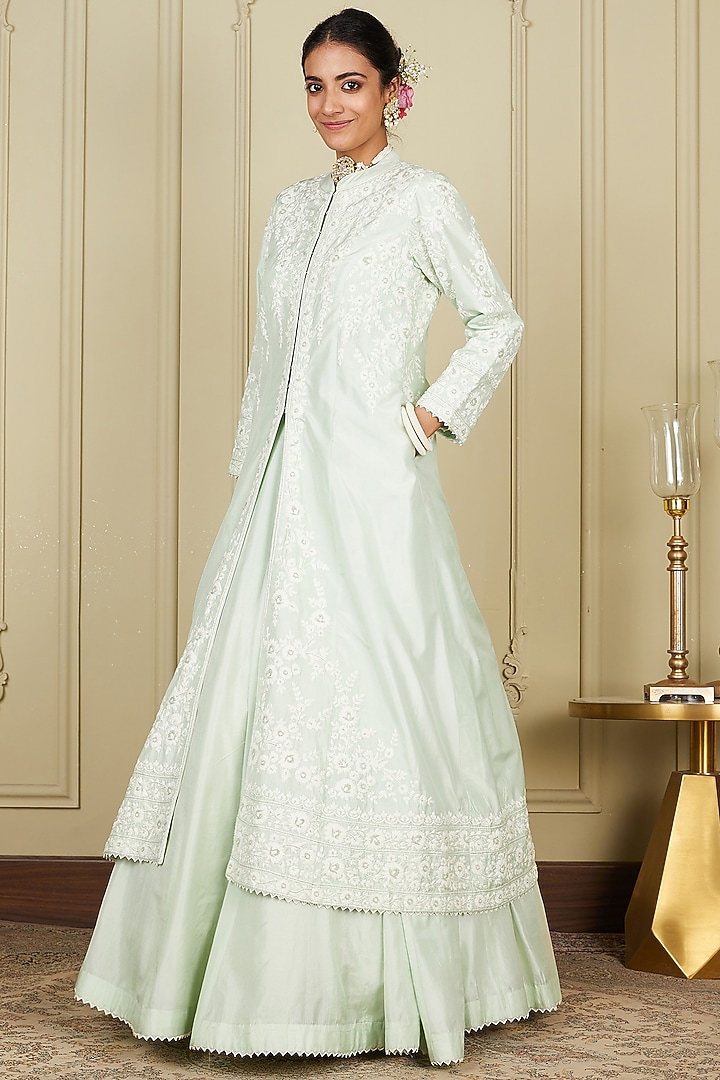 Frosty Green Pure Habutai Dori Embroidered Jacket Wedding Lehenga Set by Sheetal Batra at Pernia's Pop Up Shop