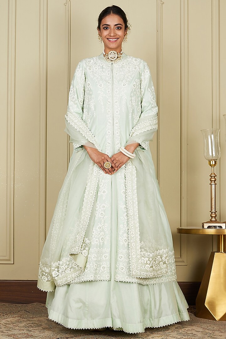 Frosty Green Pure Habutai Dori Embroidered Jacket Wedding Lehenga Set by Sheetal Batra at Pernia's Pop Up Shop