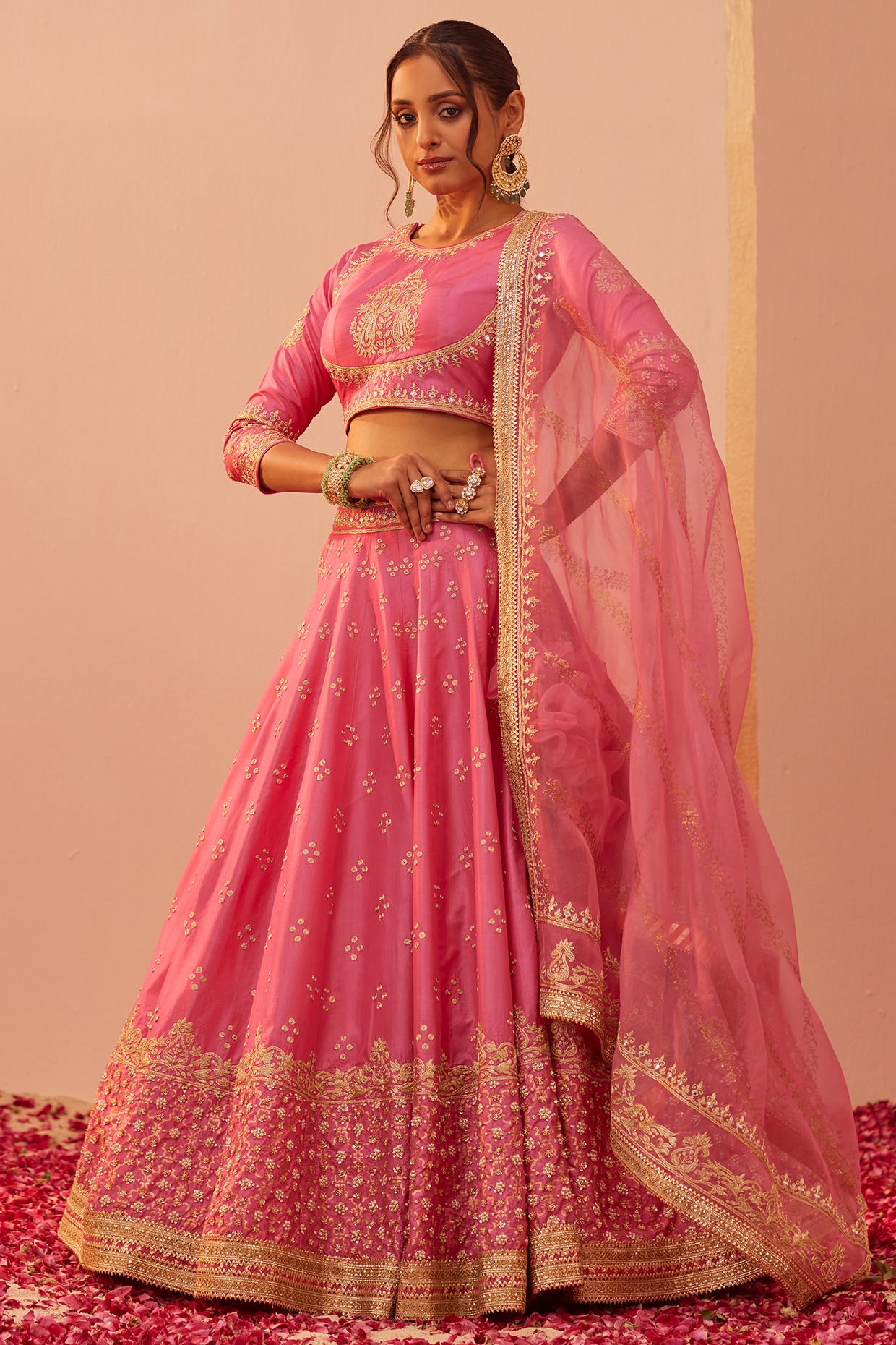 Flamingo Pink Pure Silk & Banarasi Embroidered Wedding Lehenga Set by