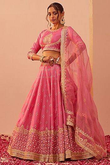 Flamingo Pink Pure Silk & Banarasi Embroidered Bridal Lehenga Set by Sheetal Batra at Pernia's Pop Up Shop