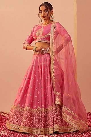 Flamingo Pink Pure Silk & Banarasi Embroidered Lehenga Set by Sheetal Batra