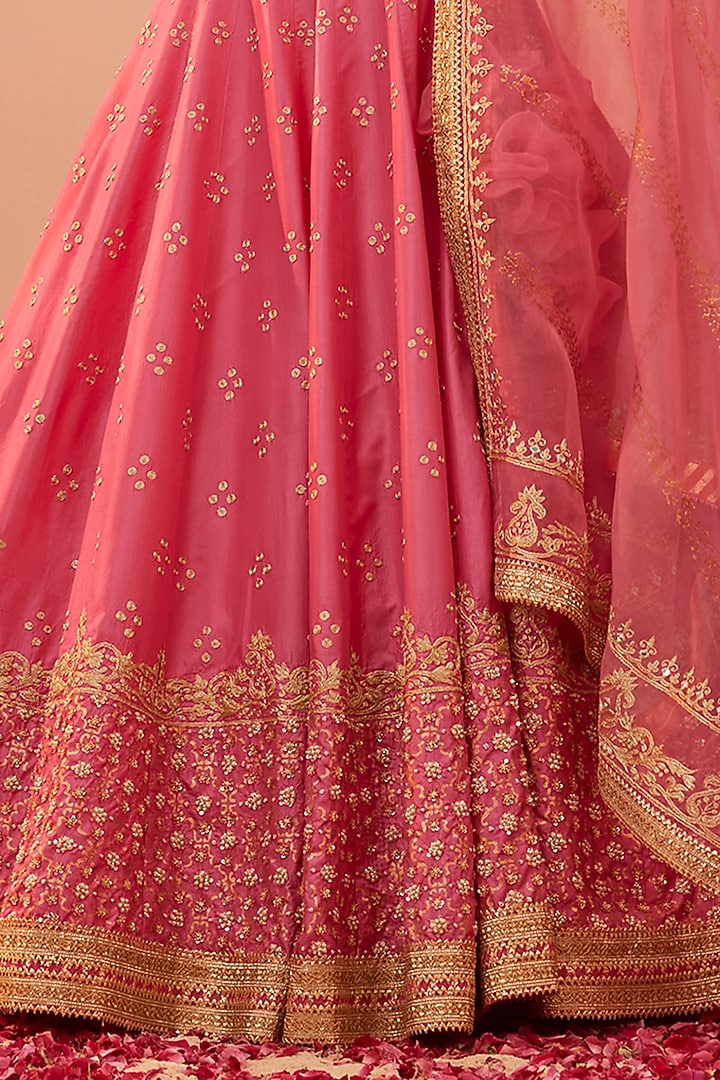 Flamingo Pink Pure Silk & Banarasi Embroidered Wedding Lehenga Set by ...