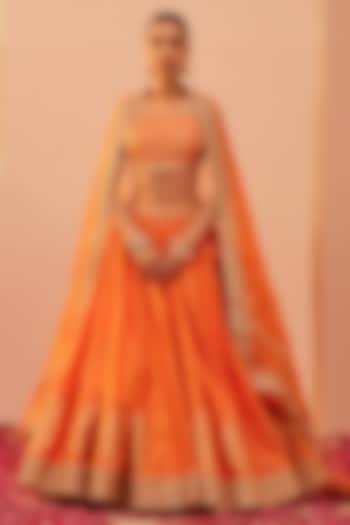 Tangerine Organza Pure Silk & Banarasi Embroidered Wedding Lehenga Set by Sheetal Batra at Pernia's Pop Up Shop