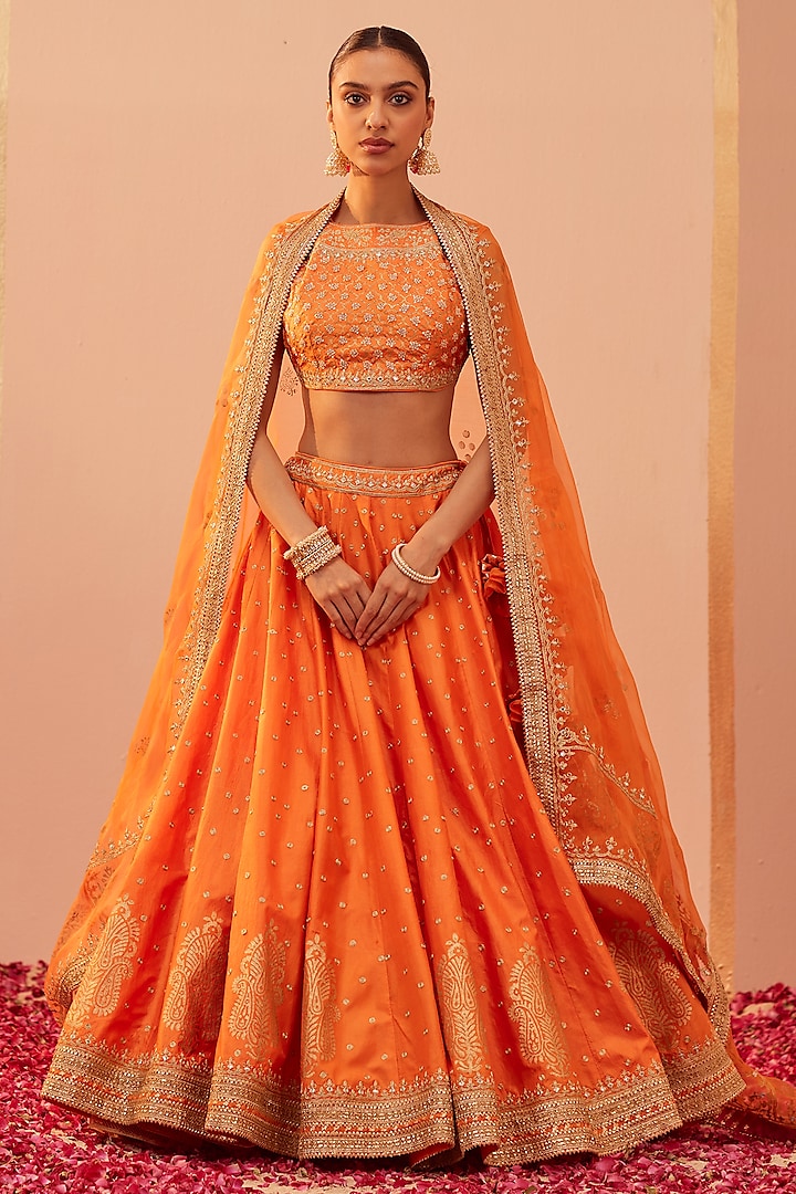 Tangerine Organza Pure Silk & Banarasi Embroidered Wedding Lehenga Set by Sheetal Batra at Pernia's Pop Up Shop