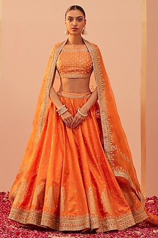 Tangerine Organza Pure Silk & Banarasi Embroidered Lehenga Set by Sheetal Batra