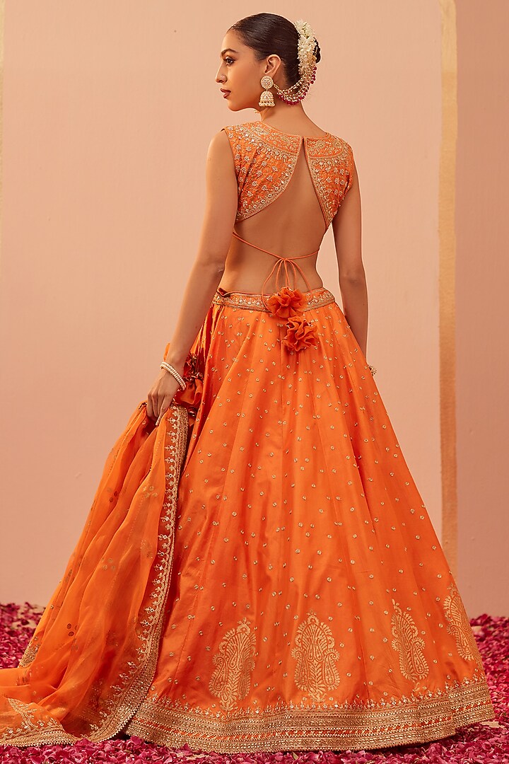 Tangerine Organza Pure Silk & Banarasi Embroidered Wedding Lehenga Set by Sheetal Batra at Pernia's Pop Up Shop