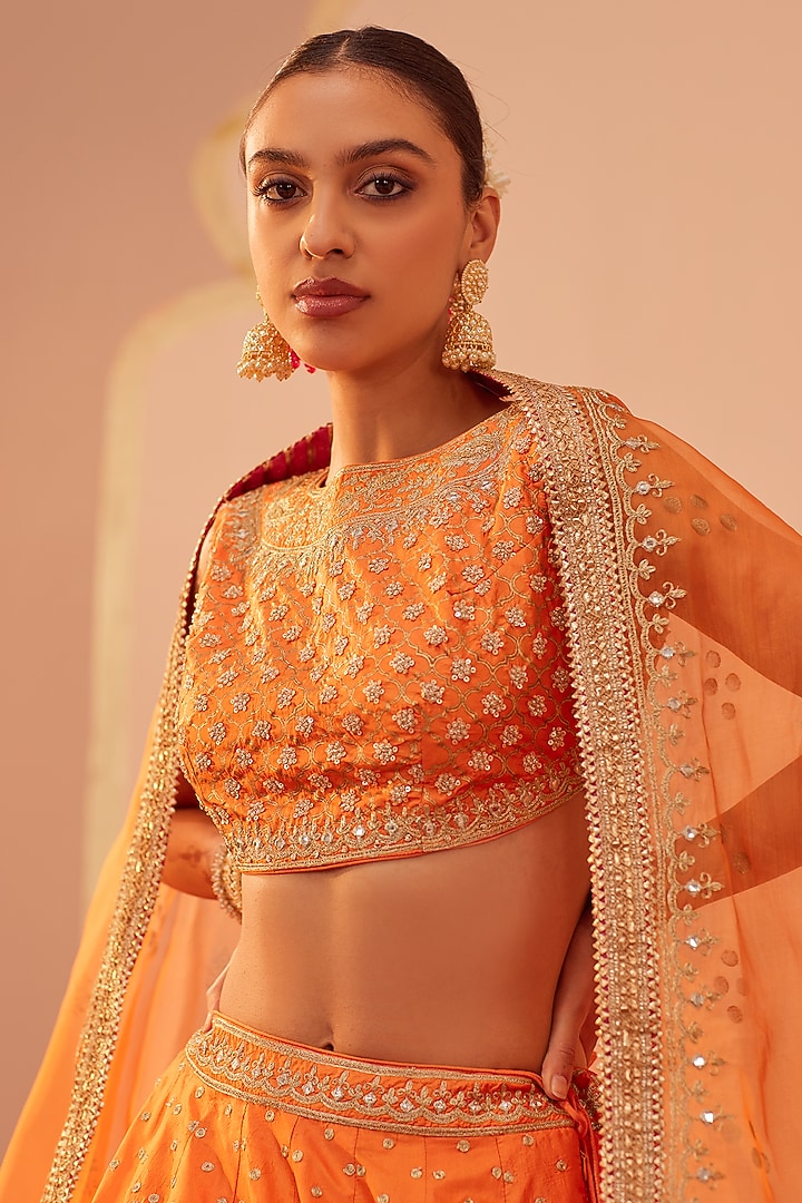 Tangerine Organza Pure Silk & Banarasi Embroidered Wedding Lehenga Set by Sheetal Batra at Pernia's Pop Up Shop